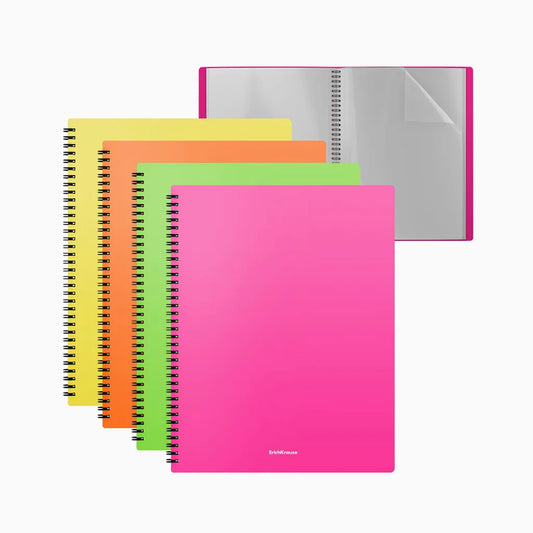 Portfólio A4 em PP Neon com Espiral ErichKrause – Pack 4 Unidades (20 ou 40 Divisórias)